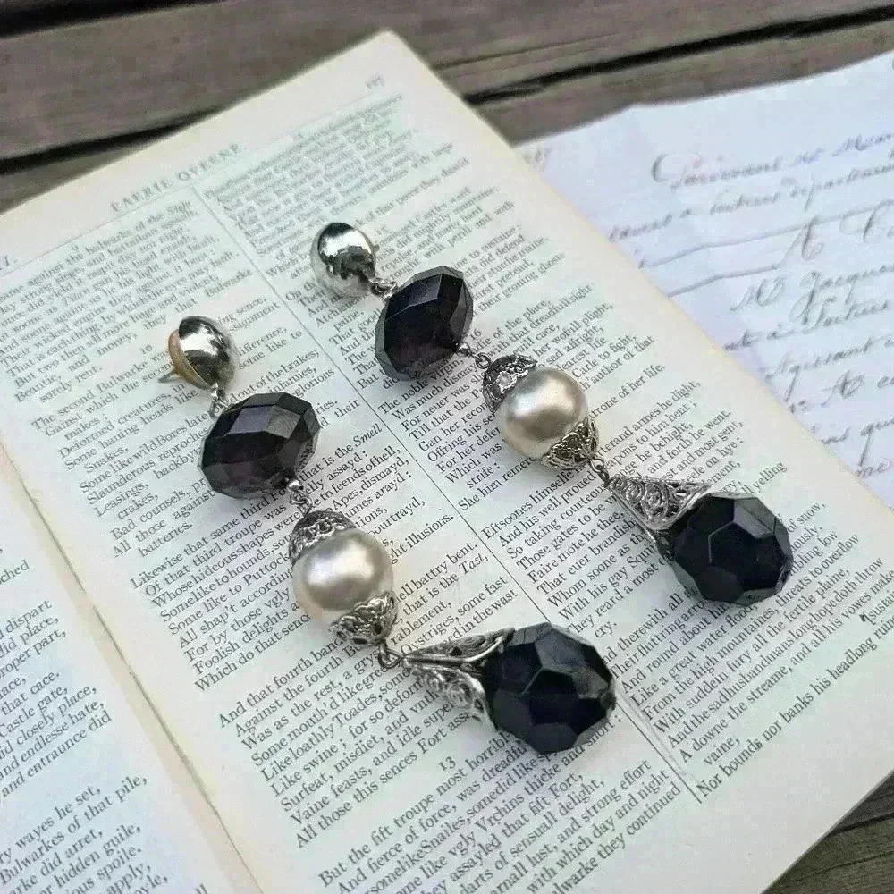 Vintage large statement earrings black glass beads